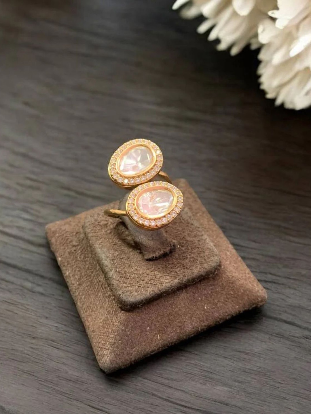 

QUEENS JEWELS Gold-Plated Kundan Stones Studded Adjustable Finger Ring