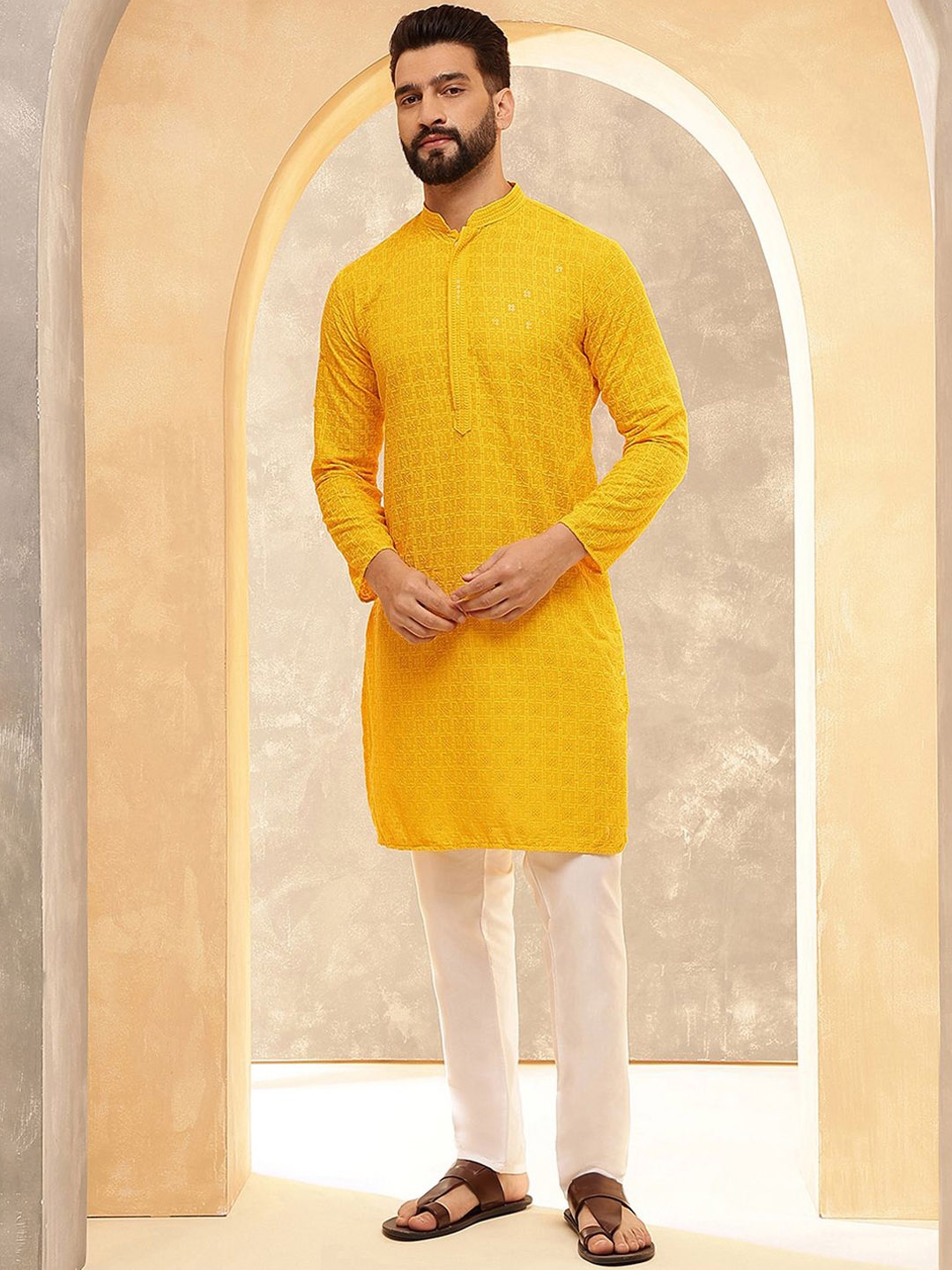 

Anouk Mustard Mandarin Collar Geometric Embroidered Sequinned Pure Cotton Straight Kurta