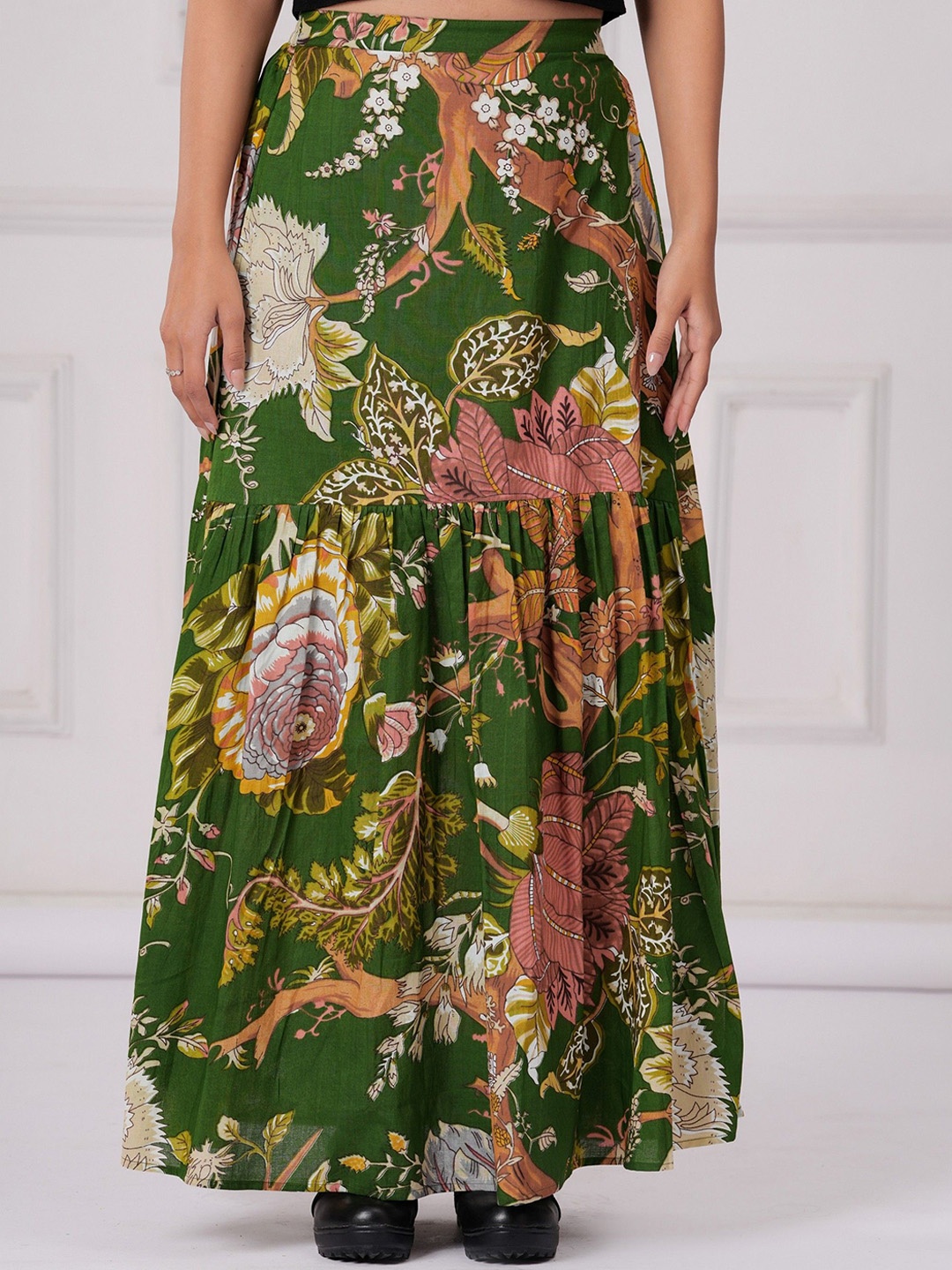 

UT Venero Women Pure Cotton Flared Maxi Skirt, Green