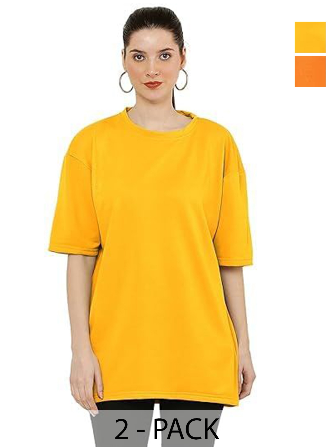 

NOTWILD Women Pack Of 2 Solid Round Neck Cotton T-shirts, Orange