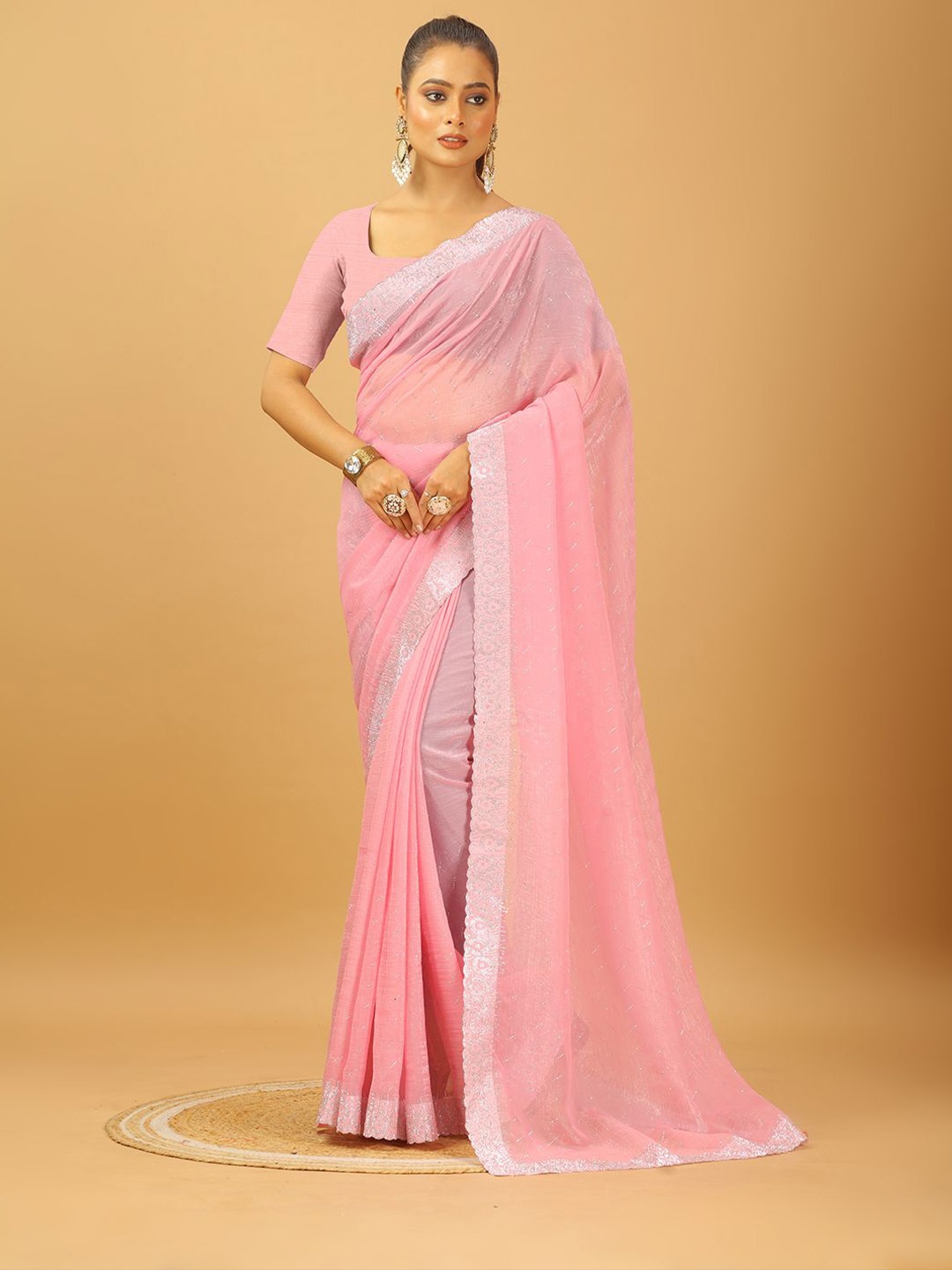

A.V.M. SILK MILLS Embroidered Pure Georgette Saree, Orange