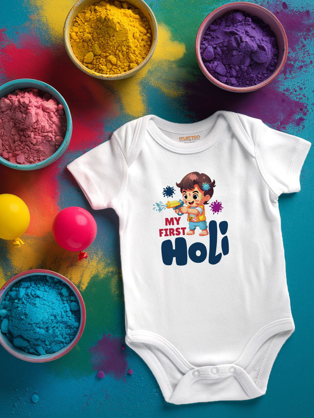 

FFLIRTYGO Infants Holi Printed Cotton Bodysuit, White