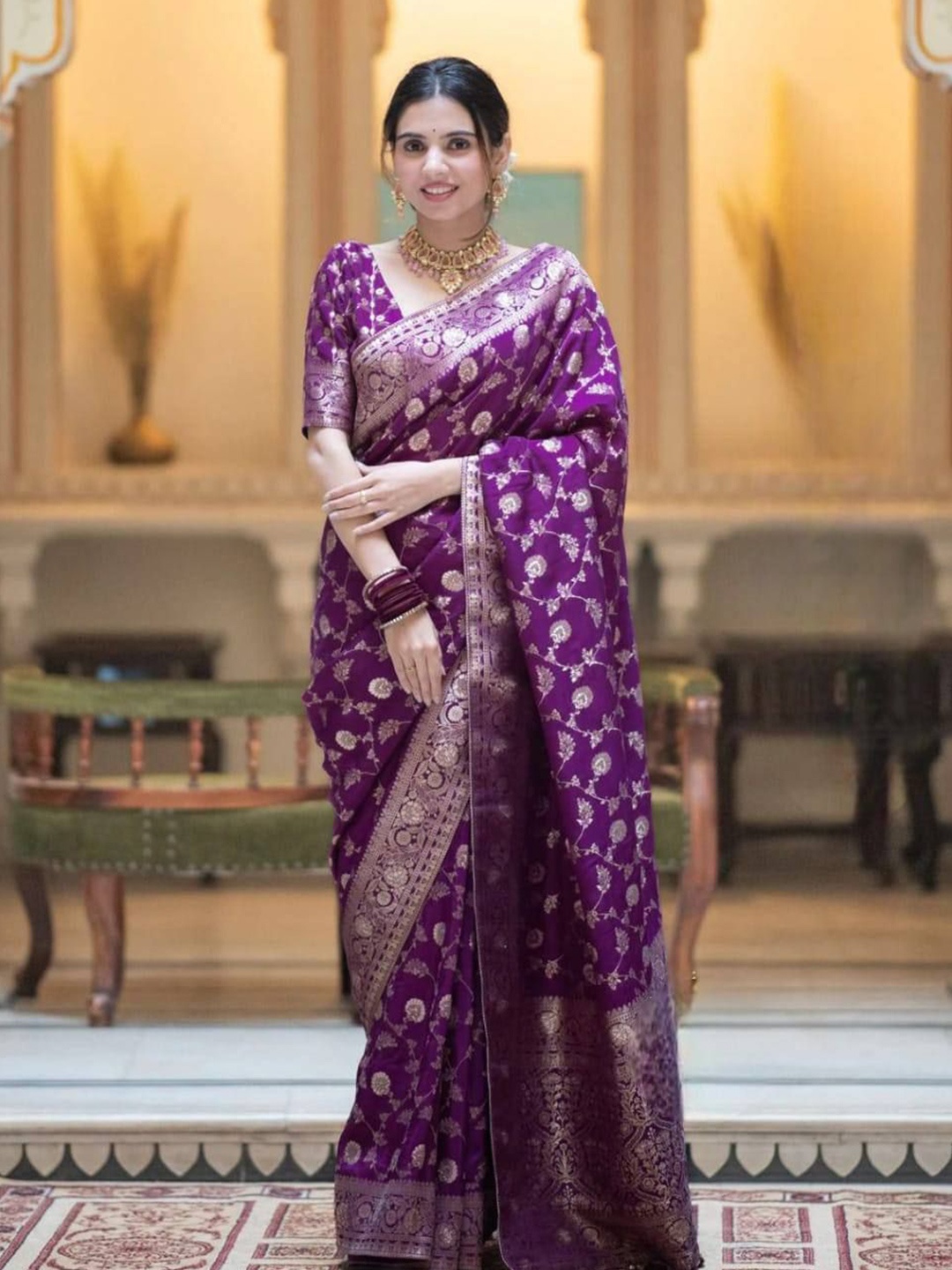 

bansari textiles Ethnic Motifs Woven Design Zari Kanjeevaram Saree, Purple