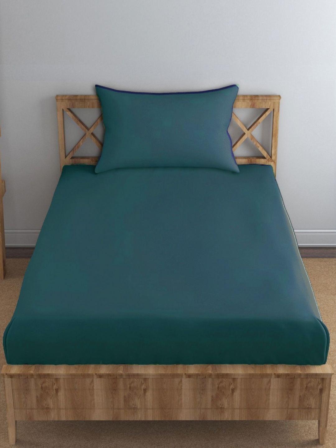 

Trance Home Linen Teal Cotton 300 TC Fitted Single Bedsheet Set- 1.9 m x 92 cm