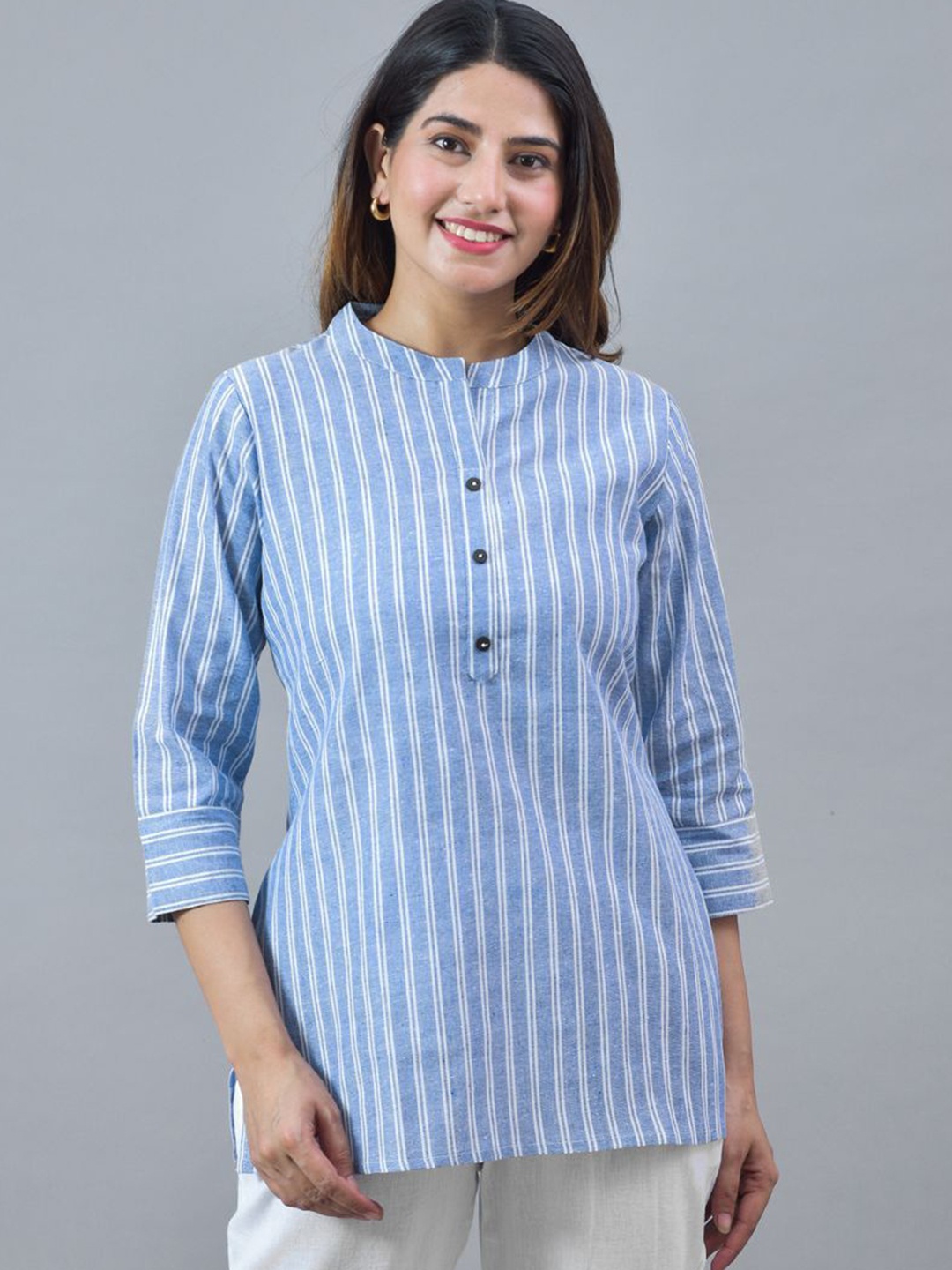 

Suha Striped Mandarin Collar Cotton Shirt Style Top, Blue
