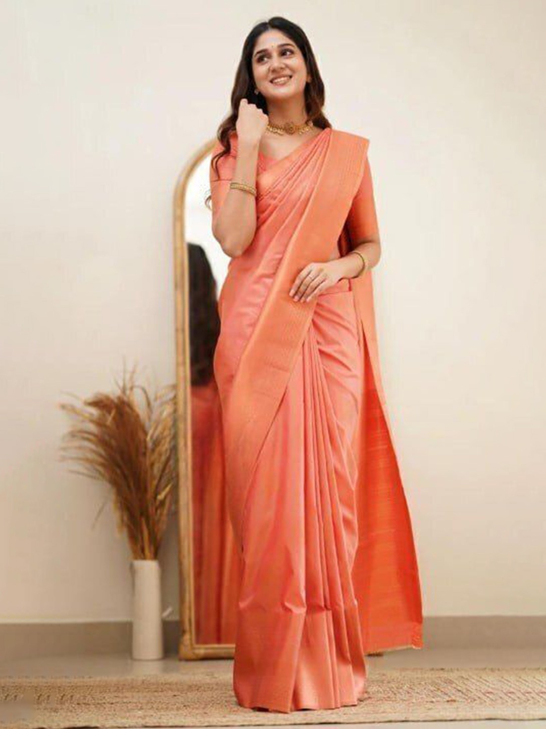 

bansari textiles Woven Design Zari Pure Silk Kanjeevaram Saree, Orange