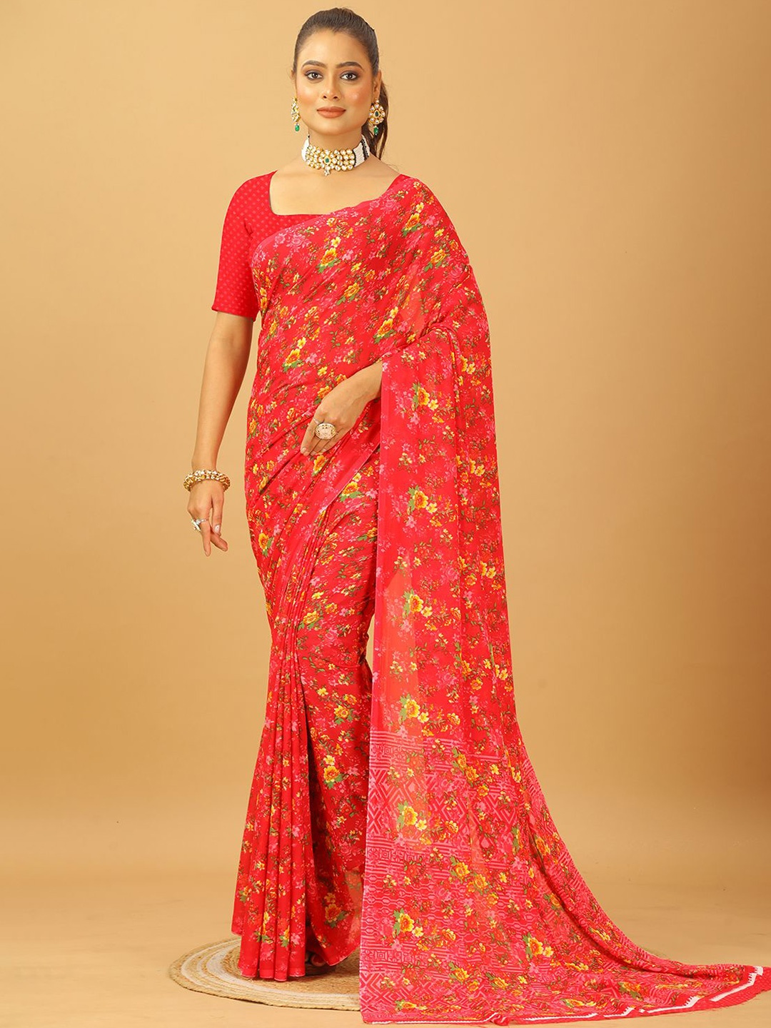 

NIRMAL CREATION Floral Printed Pure Georgette Saree, Red