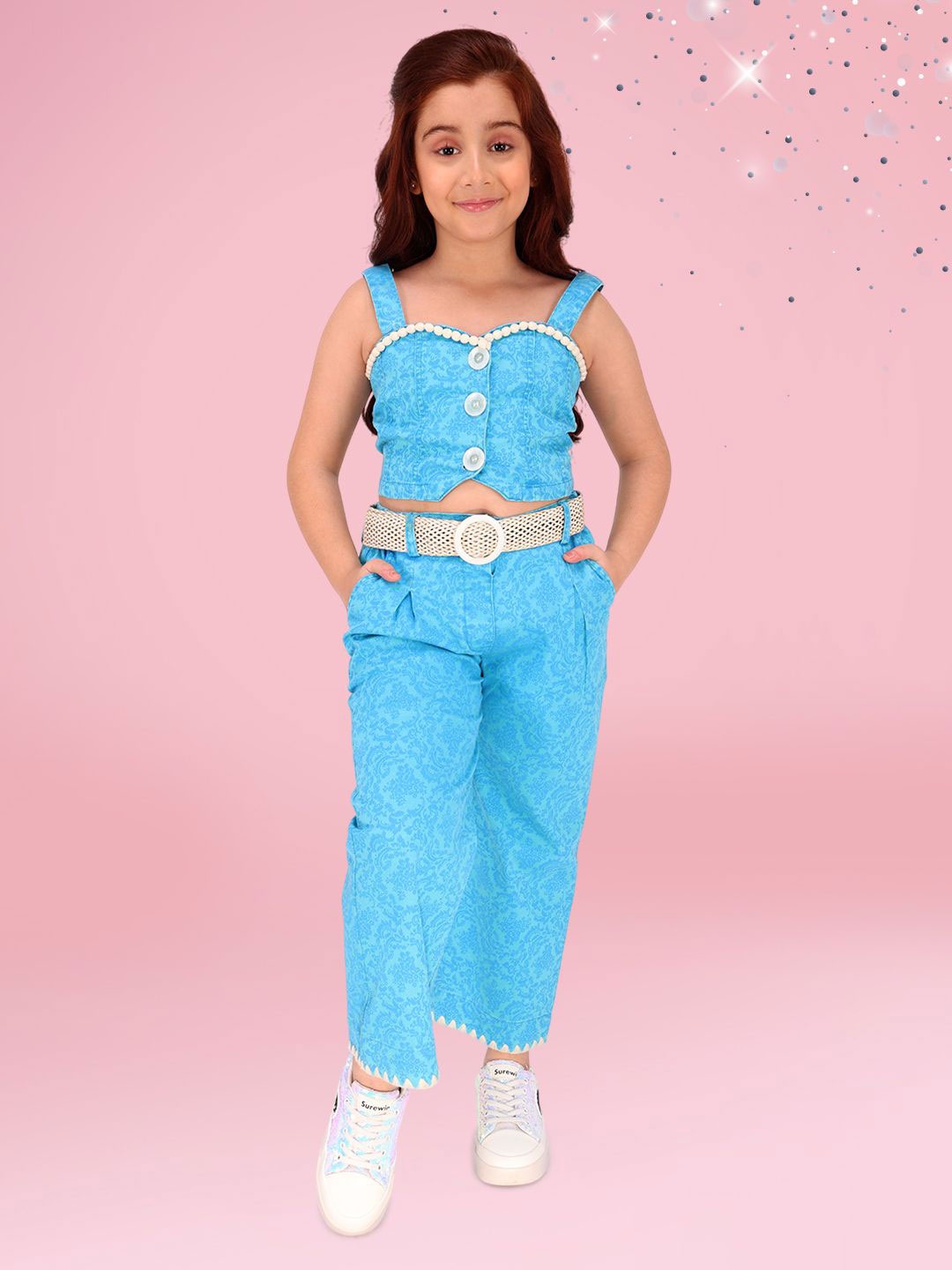 

CUTECUMBER Girls Printed Sleeveless Top With Trousers, Blue