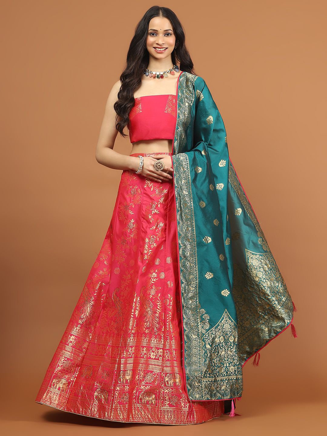 

Meena Bazaar Semi-Stitched Lehenga & Unstitched Blouse With Dupatta, Pink