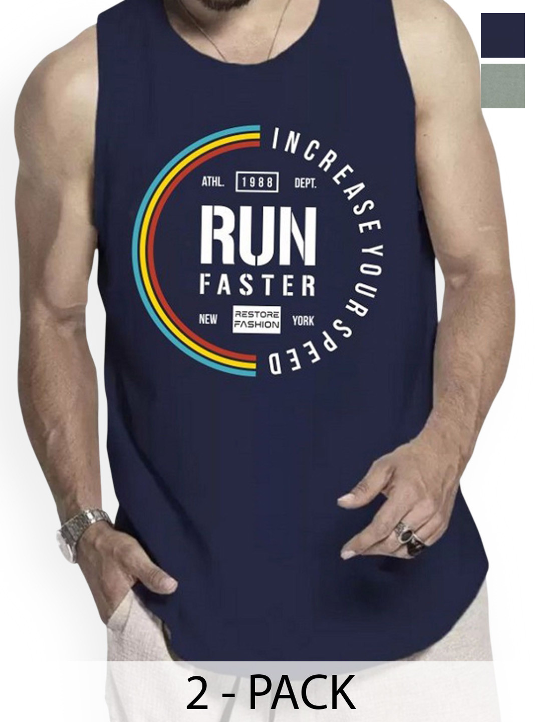 

WOOSTRO Men Pack Of 2 Printed Cotton Innerwear Vests, Navy blue