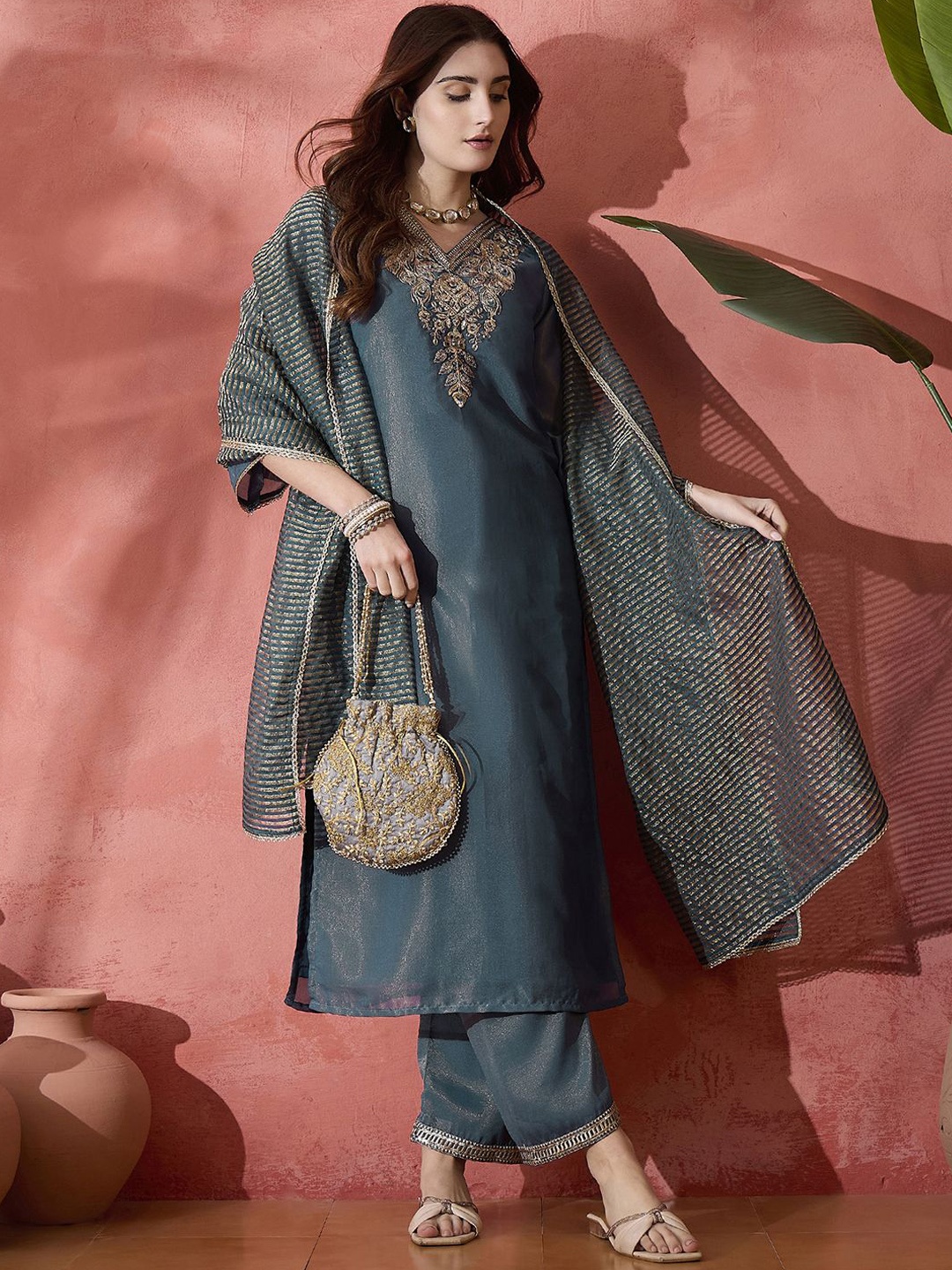 

Sangria Blue Floral Yoke Design V-Neck Straight Kurta With Trouser And Dupatta