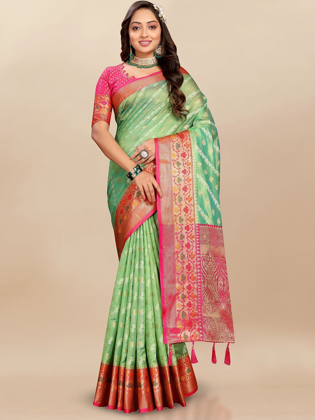 

bansari textiles Woven Design Banarasi Saree, Green