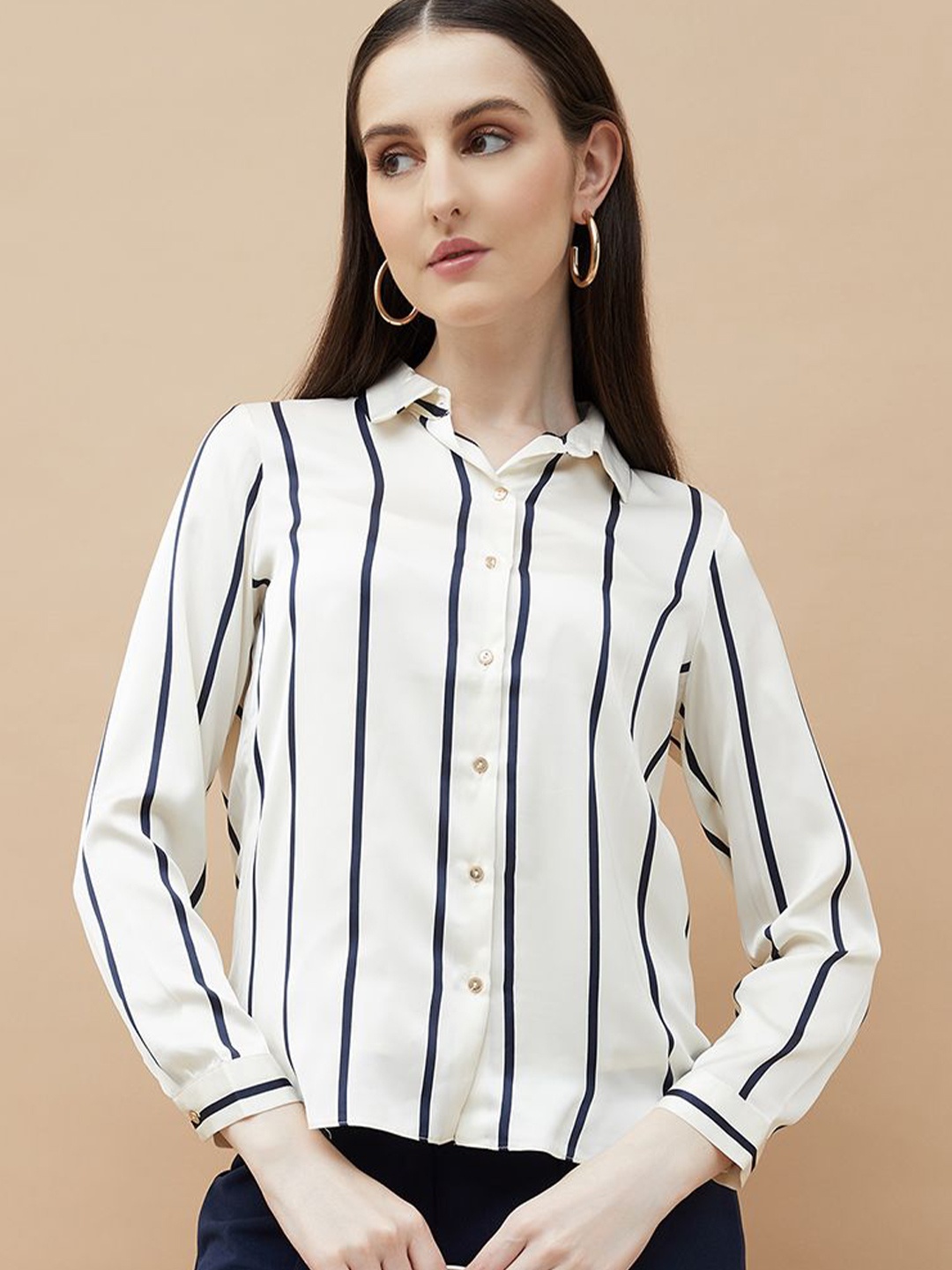 

CODE by Lifestyle Women Spread Collar Vertical Striped Casual Shirt, Off white
