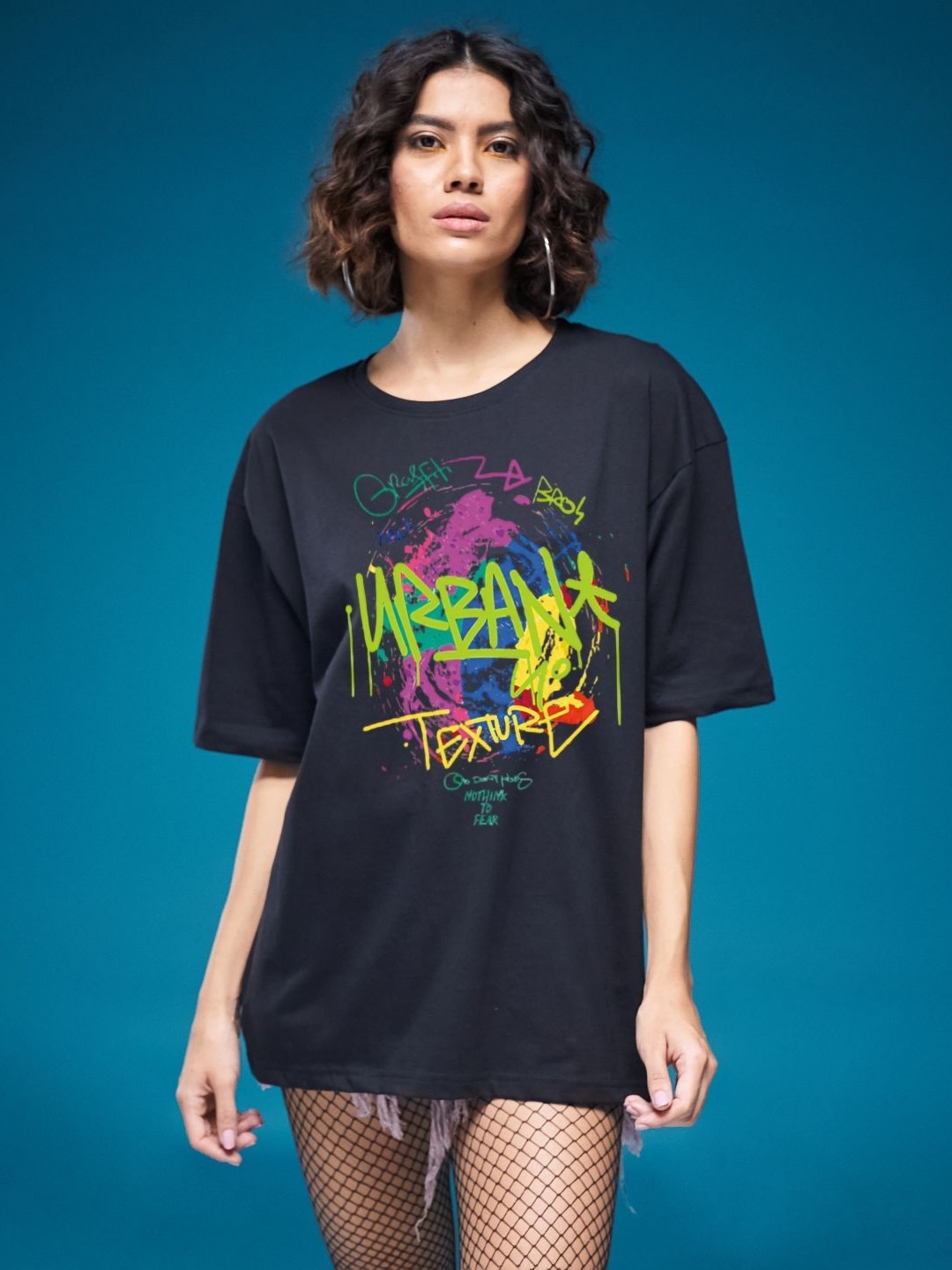 

SMARTEES Women Graphic Printed Round Neck Cotton Oversized T-shirt, Black