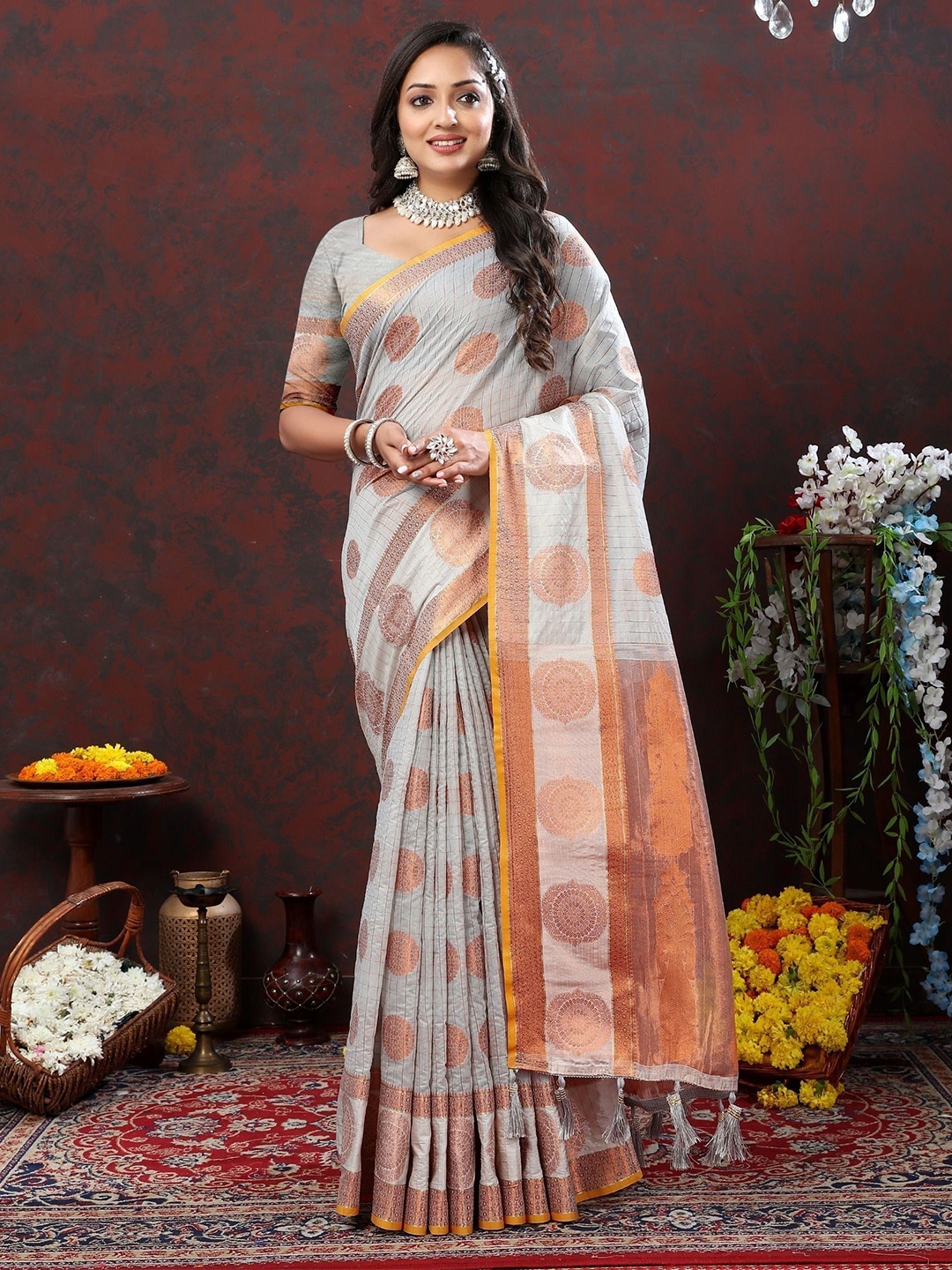 

bansari textiles Woven Design Paithani Saree, Grey
