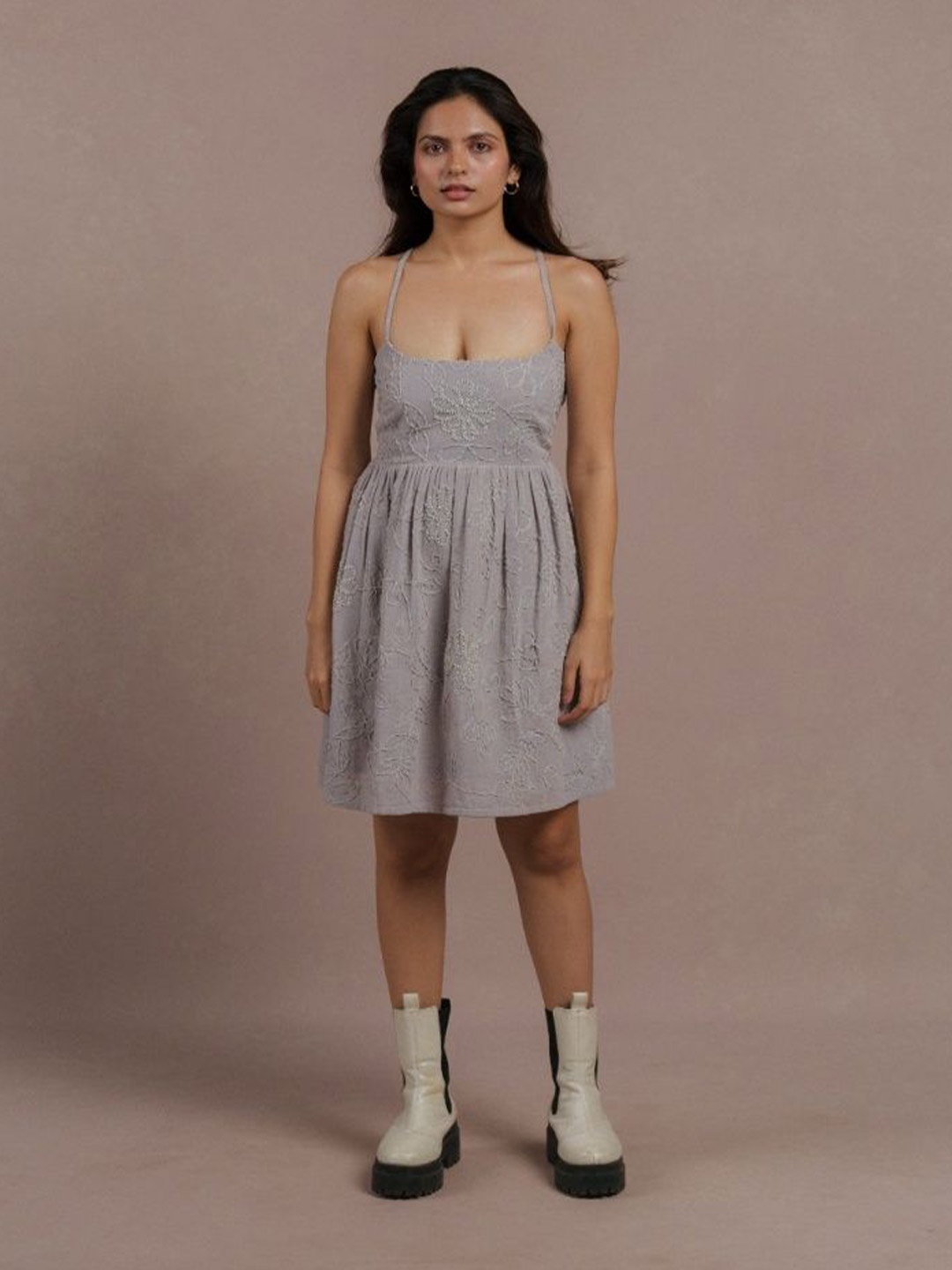

LABEL SUGAR Women Self Design Shoulder Straps Fit & Flare Mini Dress, Grey