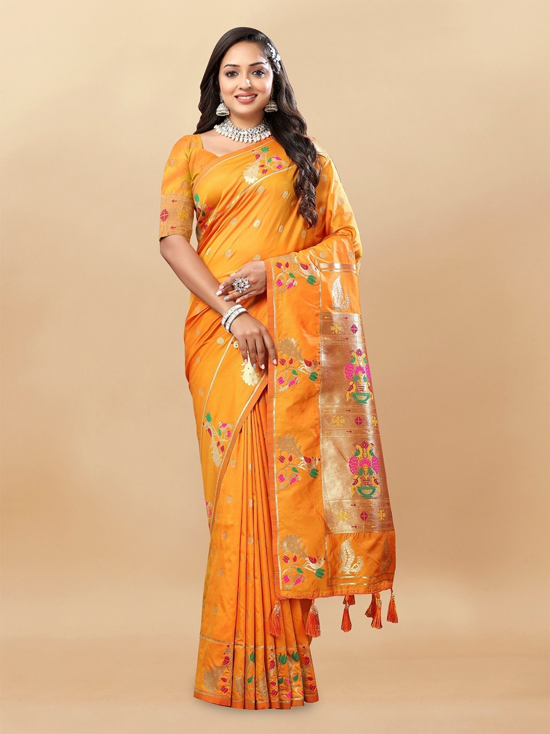 

bansari textiles Woven Design Zari Pure Cotton Paithani Saree, Orange