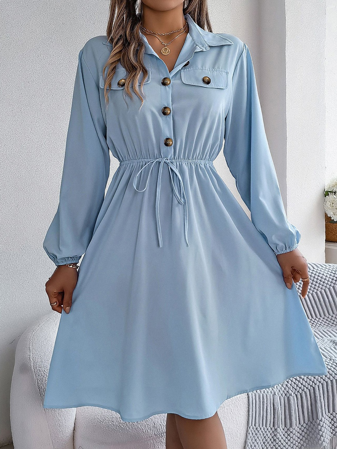 

StyleCast x Revolte Shirt Collar Puff Sleeves Georgette Fit & Flare Dress, Blue