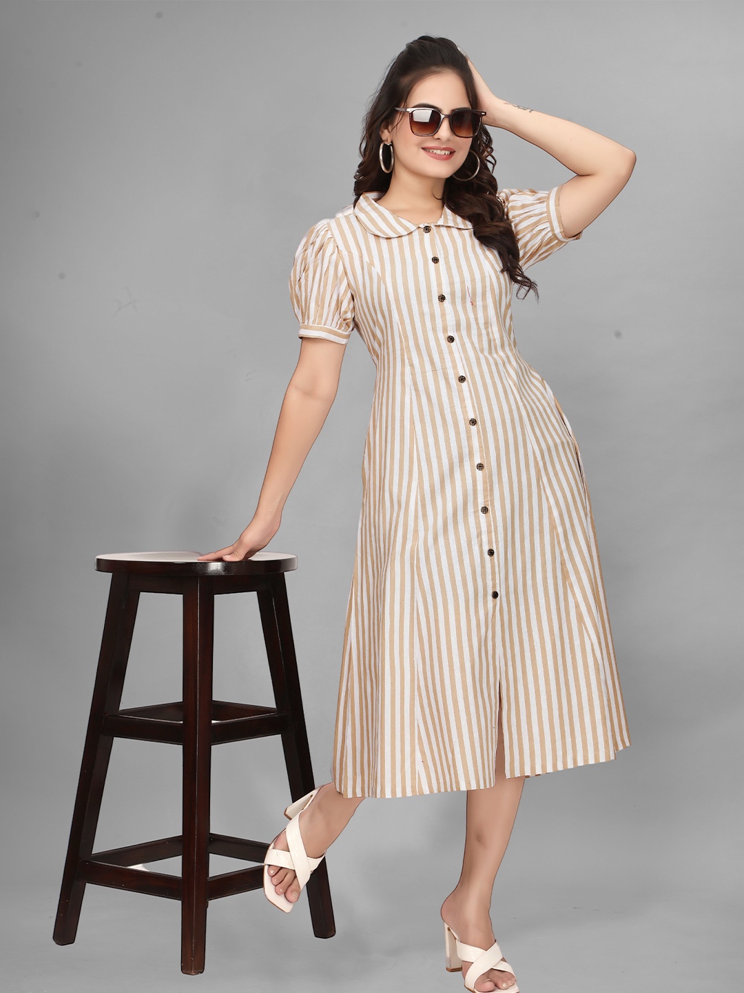

QENA Women Cotton Striped Puff Sleeve A-Line Midi Dress, Beige