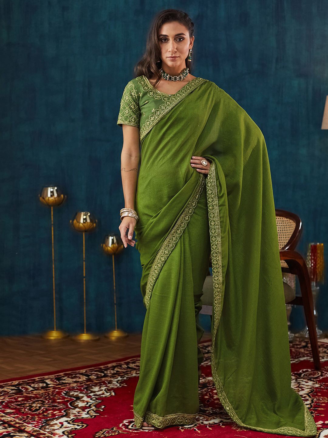 

KALINI Embellished Sequinned Silk Blend Saree, Green