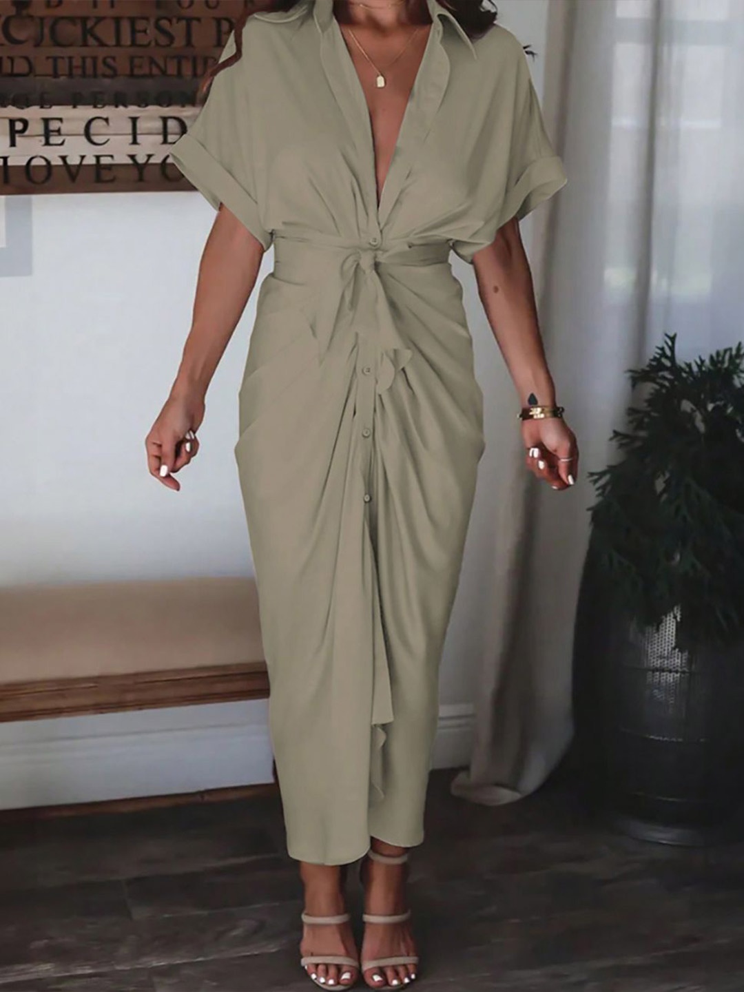 

StyleCast x Revolte Women V-Neck Shirt Midi Dress, Khaki