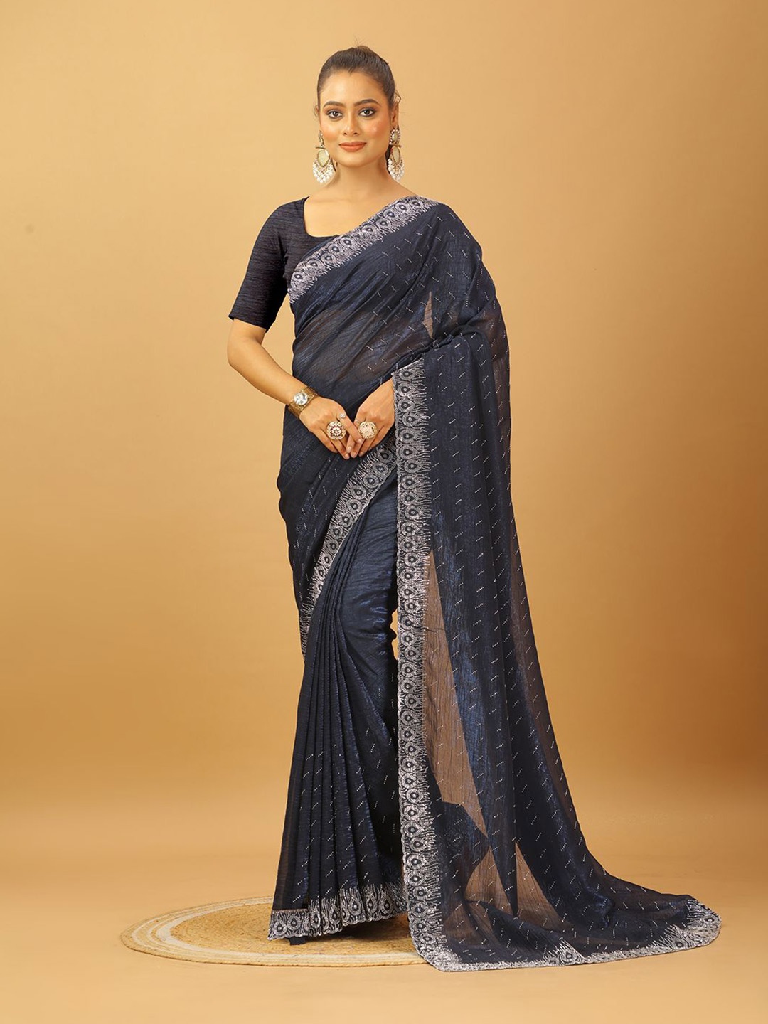 

NIRMAL CREATION Women Embellished Beads and Stones Pure Georgette Saree, Navy blue