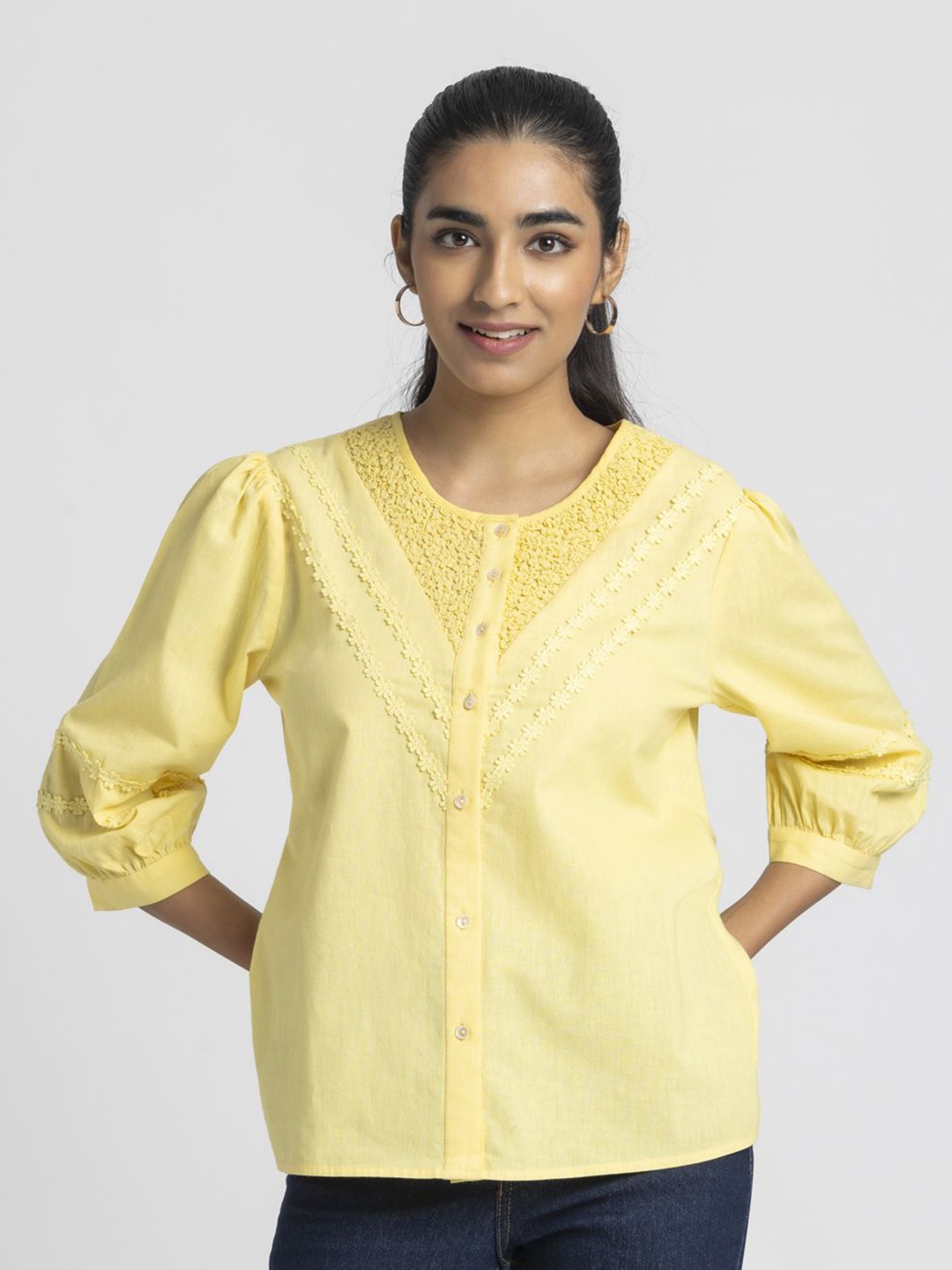 

SHAYE Women Smart Fit Collarless Textured Cotton Casual Shirt, Yellow