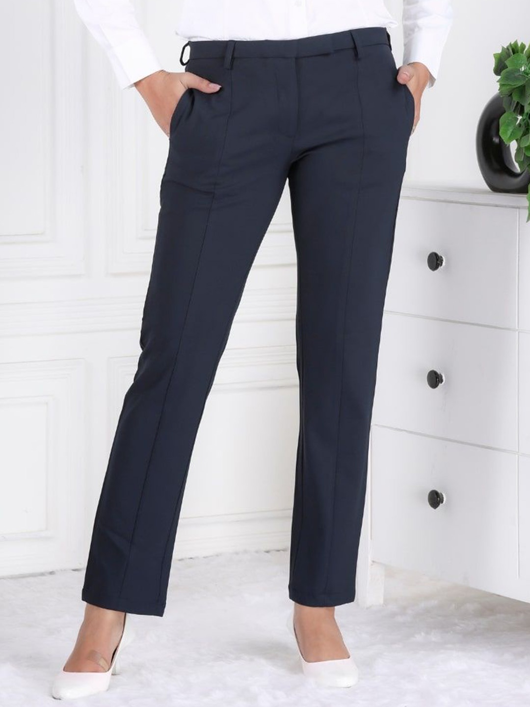 

Mlada Women High Waist Mid Rise Slim Fit Stretchable Formal Trouser, Navy blue