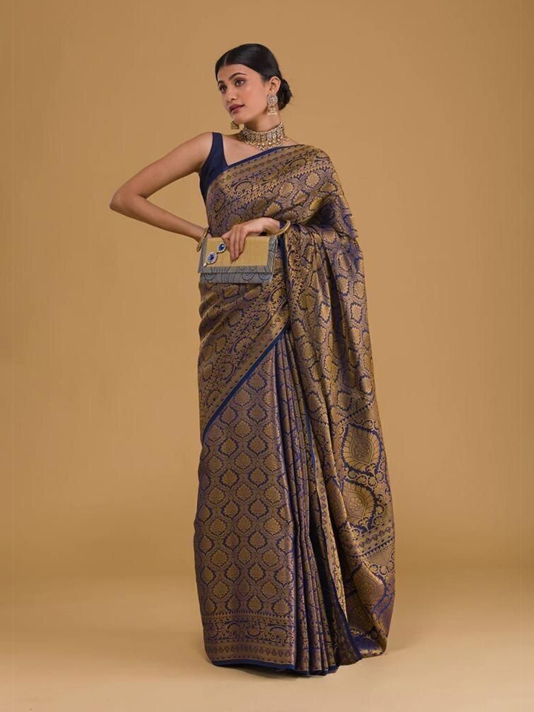 

bansari textiles Woven Design Zari Pure Cotton Patola Saree, Navy blue