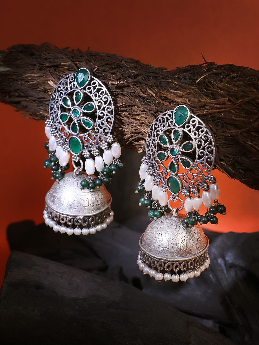 

Sangria Green Silver-Plated Artificial Stones Studded & Pearls Beaded Oxidised Jhumkas