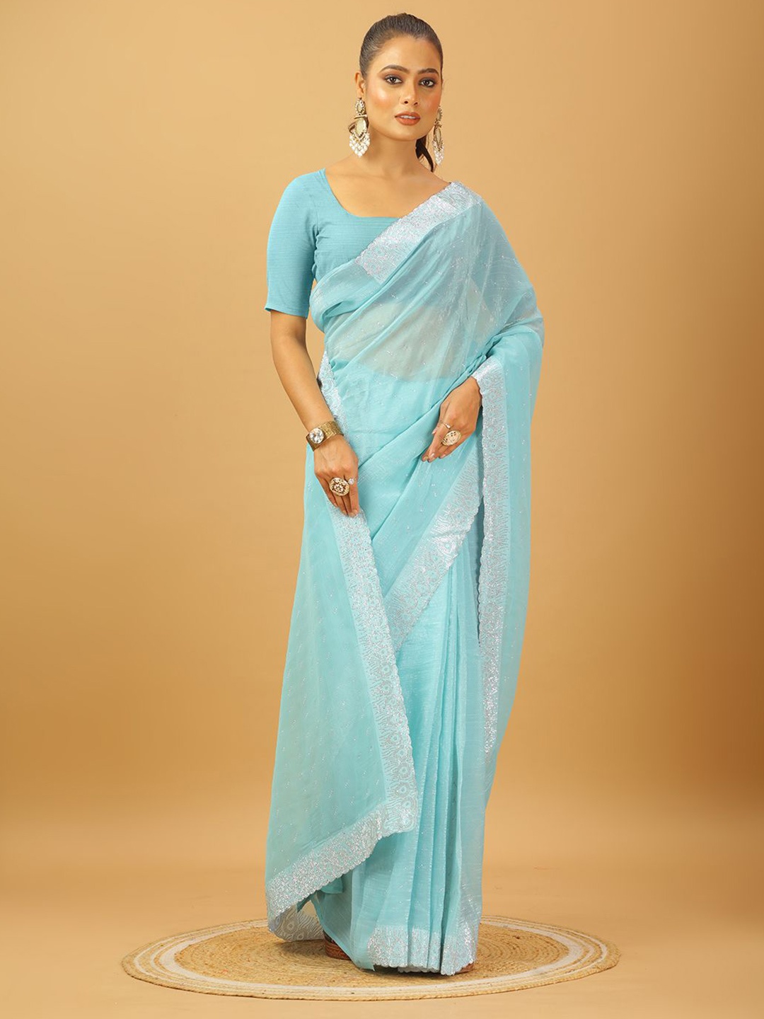 

NIRMAL CREATION Embellished Beads and Stones Pure Georgette Saree, Blue