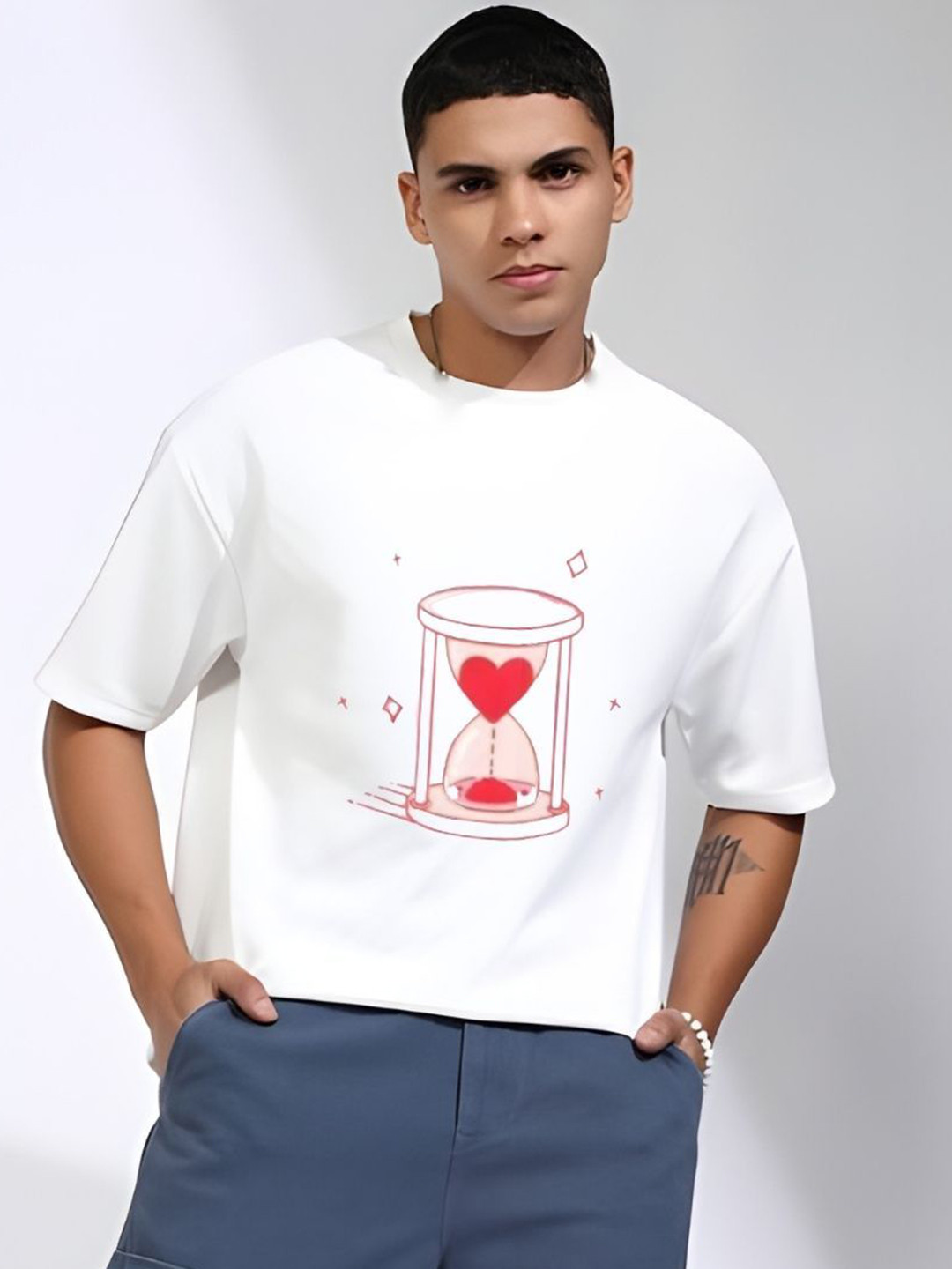 

Krimmple Men Graphic Printed Round Neck Cotton Oversized T-shirt, White
