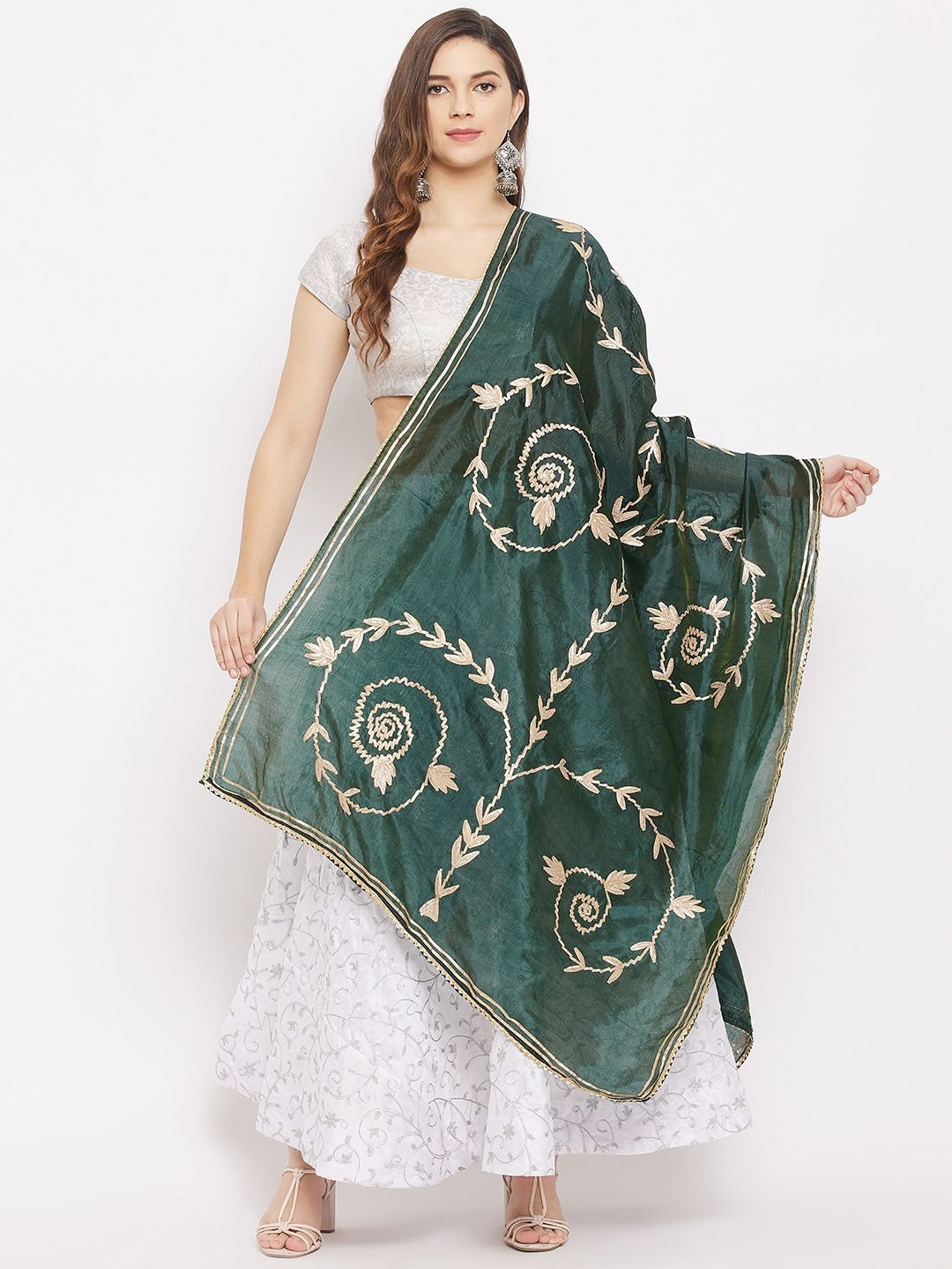 

Clora Creation Floral Embroidered Dupatta With Gotta Patti, Green