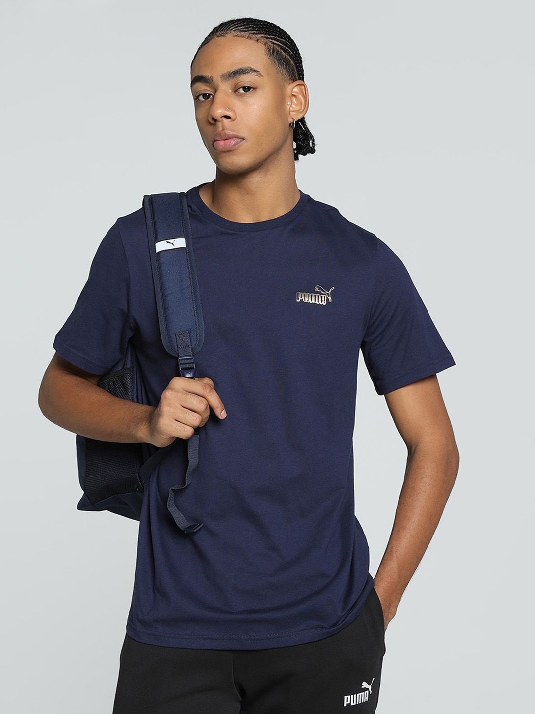 

Puma Men Graphics Logo Brand Logo Printed Pure Cotton Short Sleeve T-Shirt, Navy blue