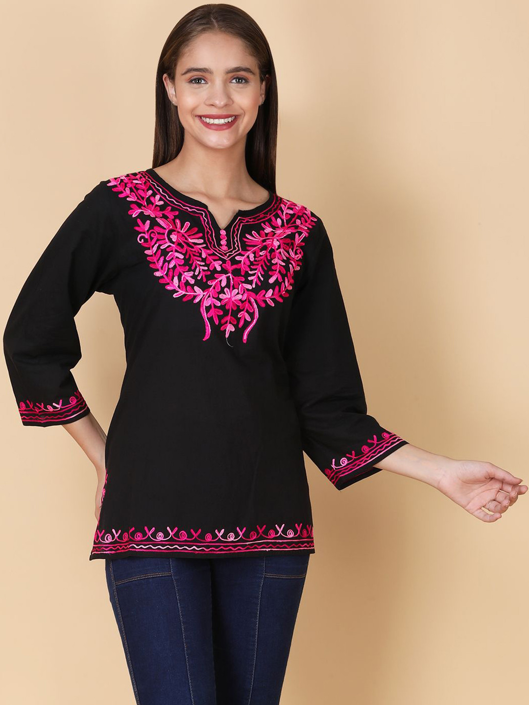 

FEMBLISS Floral Embroidered Notch Neck Thread Work Straight Kurta, Black