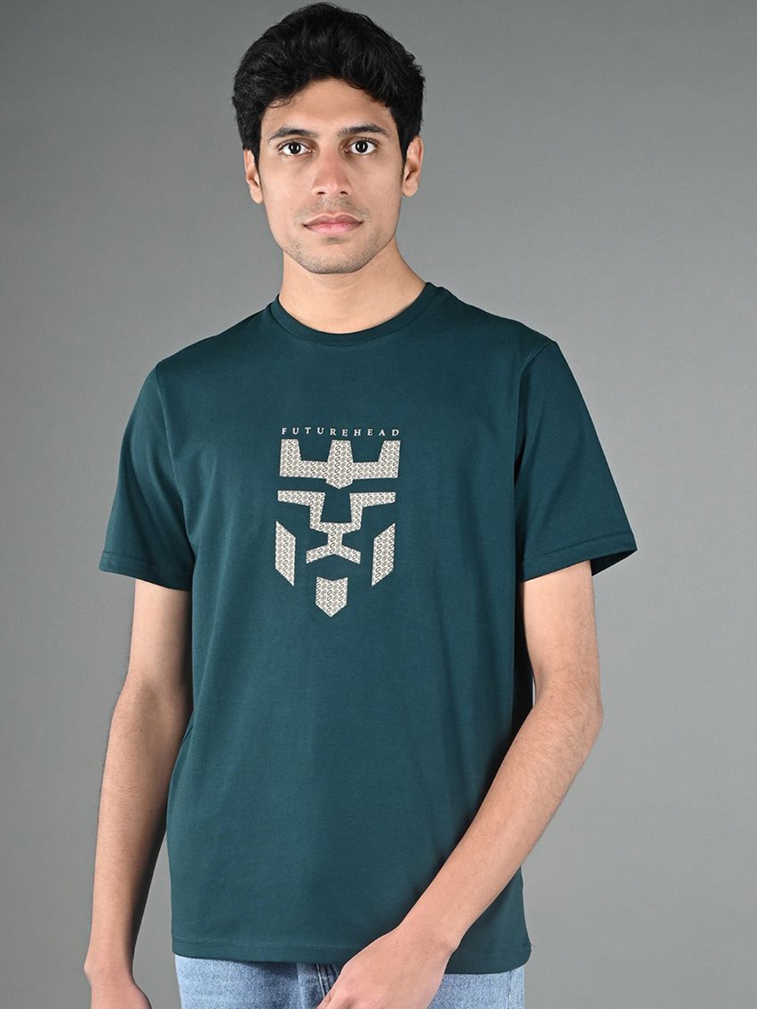 

LOUIS STITCH Men Graphic Printed Round Neck Cotton T-shirt, Teal