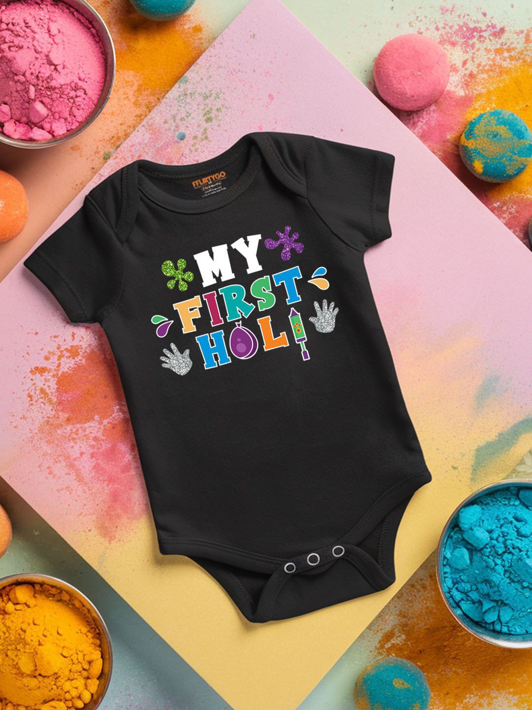

FFLIRTYGO Infants Holi Printed Cotton Bodysuit, Black