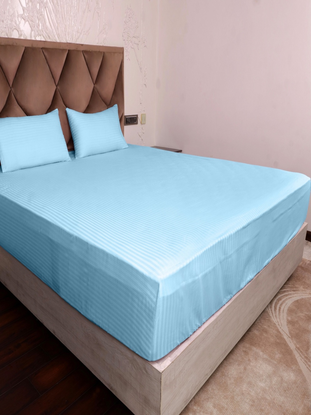 

AJISH Turquoise Blue Striped 300 TC Pure Cotton Fitted Queen Bedsheet Set
