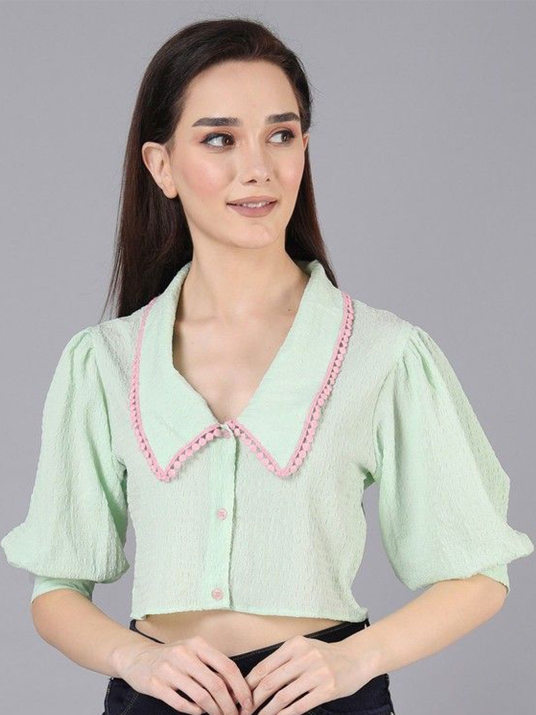 

JAKANARY Print Puff Sleeve Georgette Crop Top, Green