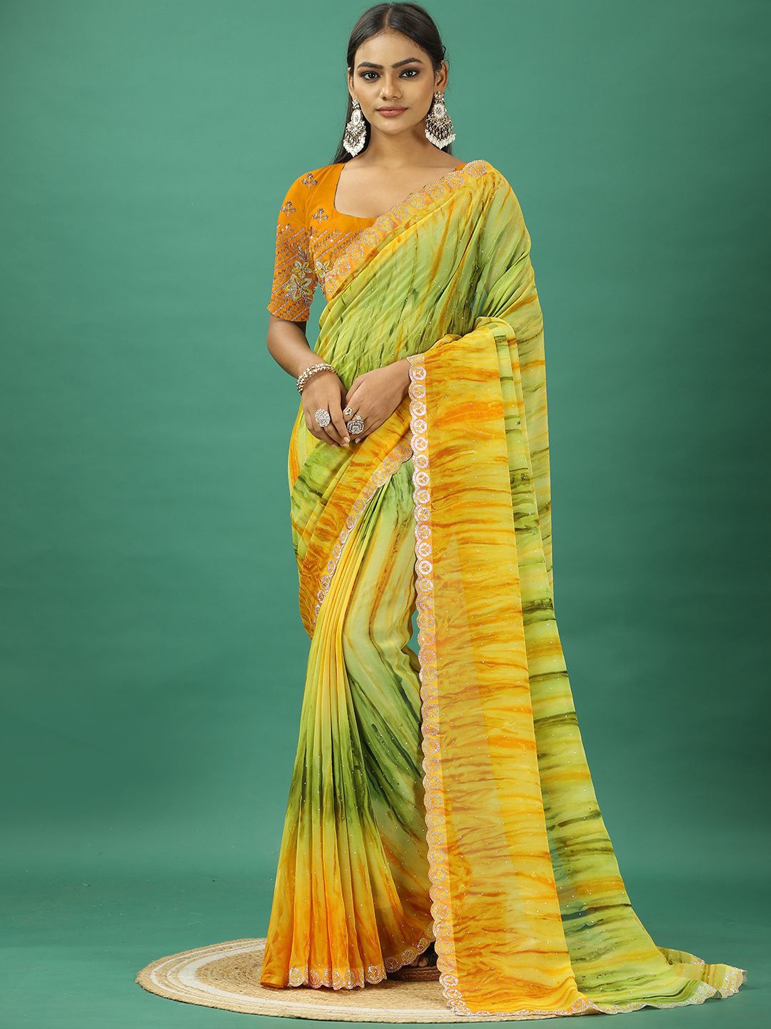 

NIRMAL CREATION Beads and Stones Pure Georgette Saree, Yellow