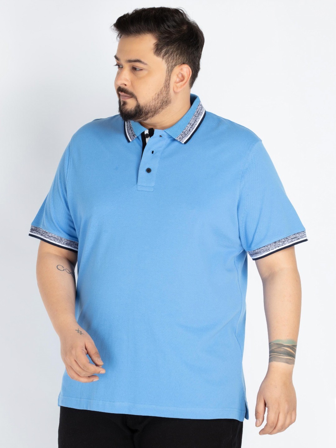 

UNSIZED Men Plus Size Solid Polo Collar Cotton T-shirt, Blue