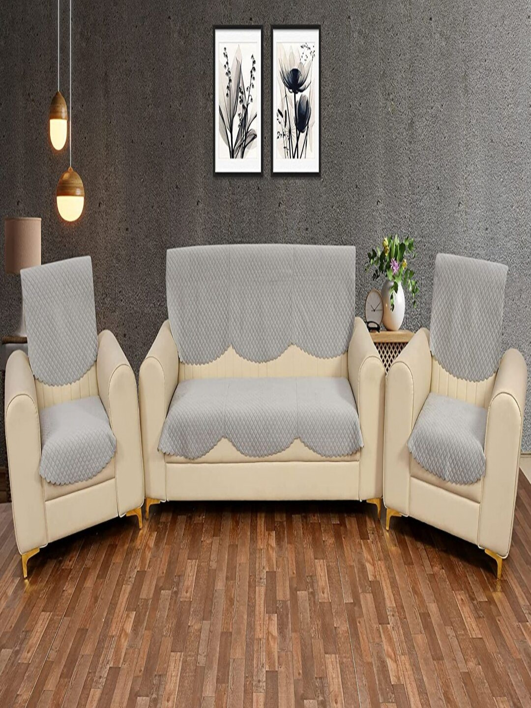 

Fashion Throw Silver-Toned Checked Velvet Sofa Cover