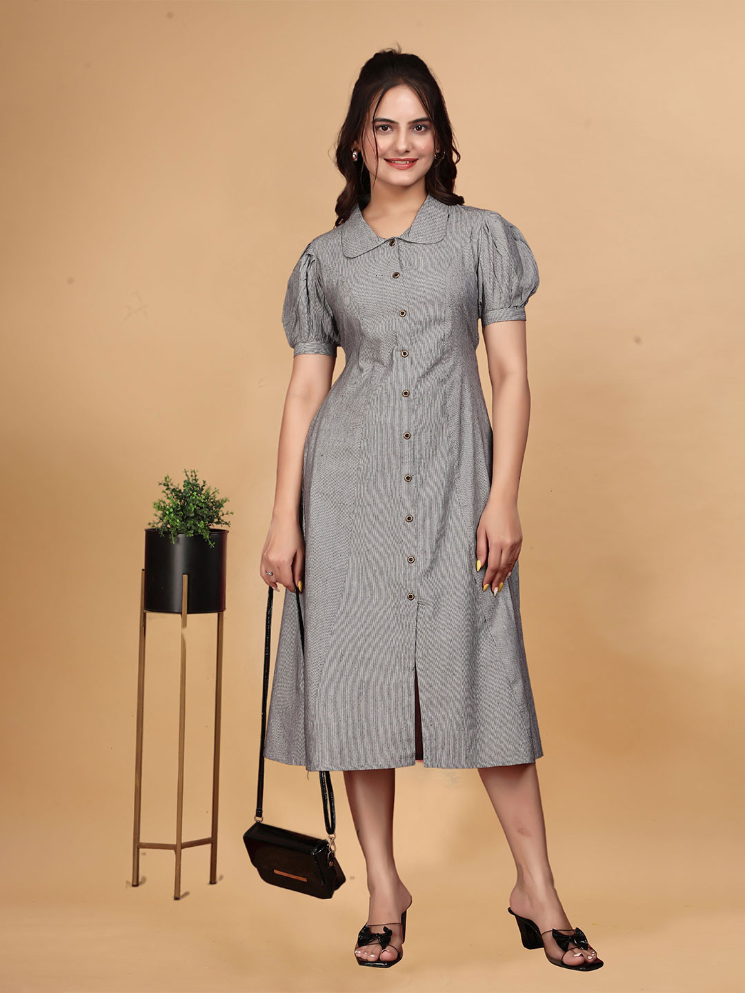 

QENA Women Striped Peter Pan Collar Puff Sleeve Cotton Shirt Midi Dress, Grey