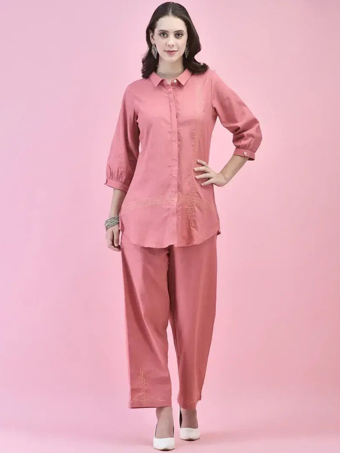 

Moda Rapido Shirt Collar Puff Sleeves Shirt With Trouser, Pink