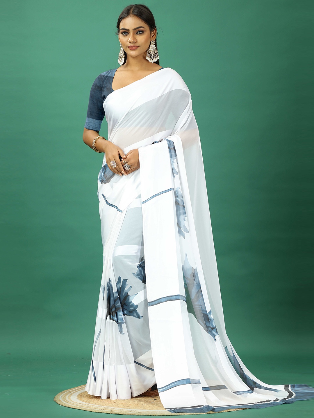 

A.V.M. SILK MILLS Floral Satin Saree, White