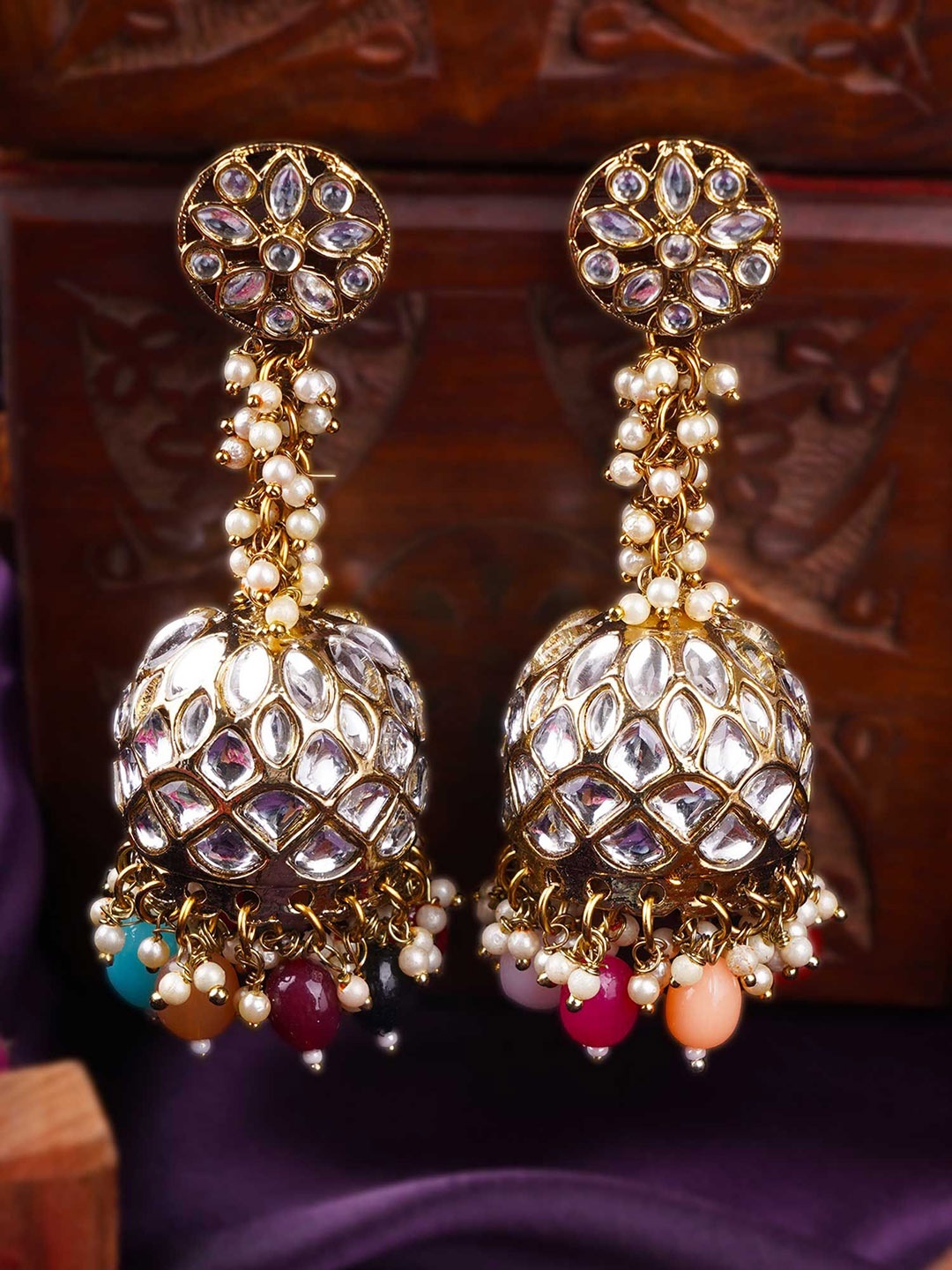 

Anouk Gold-Plated Kundan-Studded And Beaded Dome Shaped Jhumkas