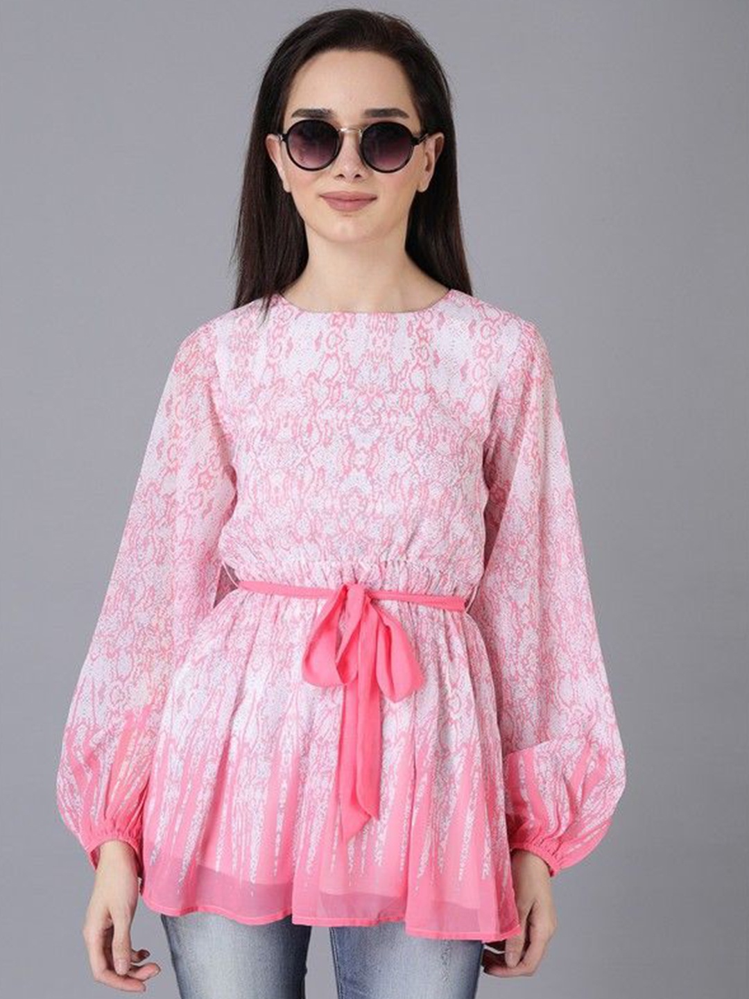

JAKANARY Floral Print Puff Sleeve Georgette Top, Pink