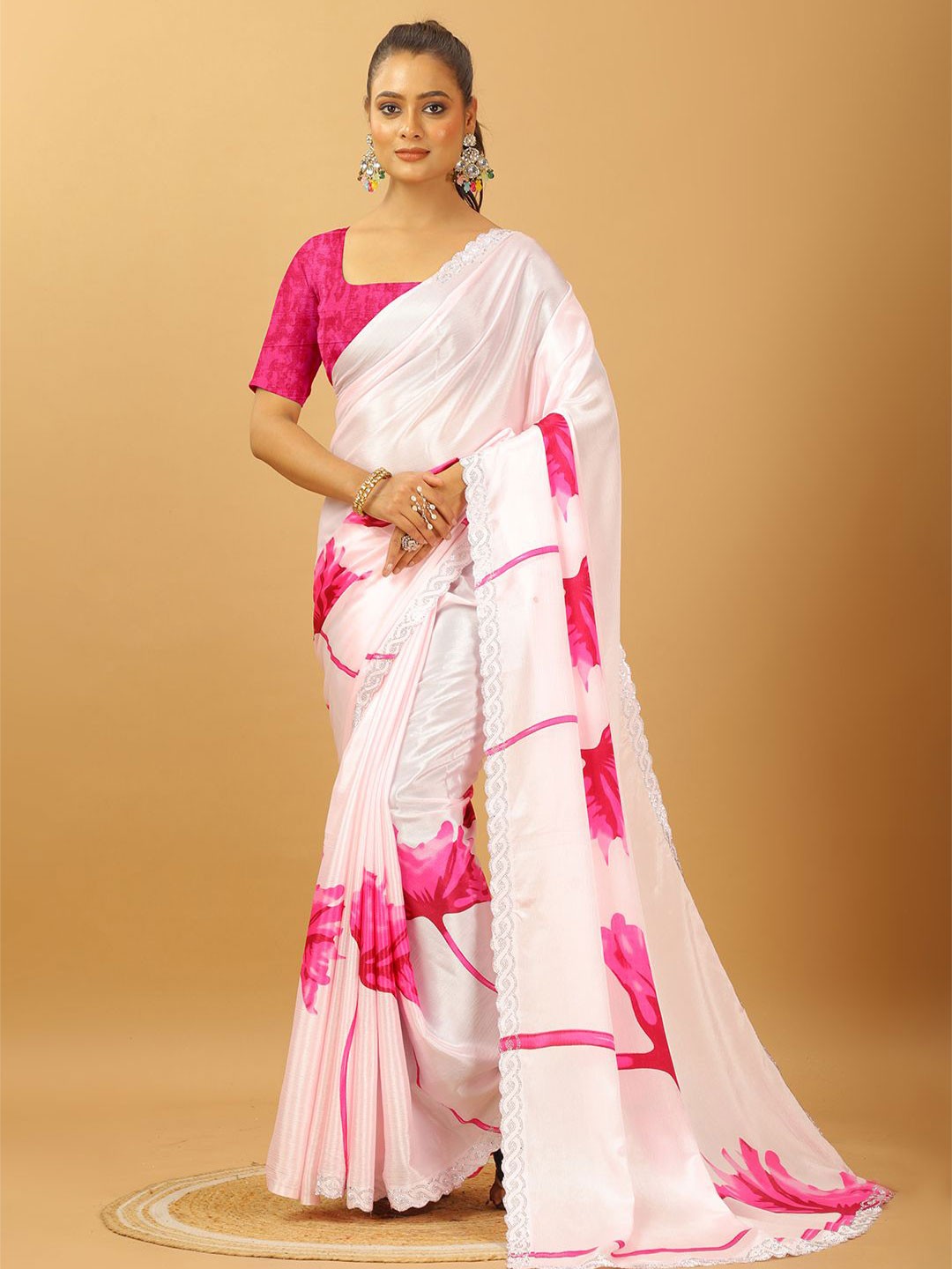 

NIRMAL CREATION Floral Beads and Stones Pure Georgette Saree, Rose