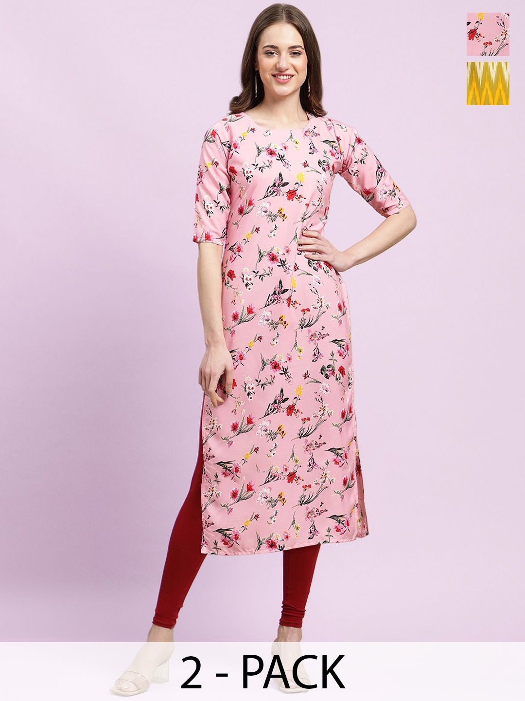 

Moda Rapido Selection Of 2 Floral Printed Round Neck Straight Kurtas, Pink