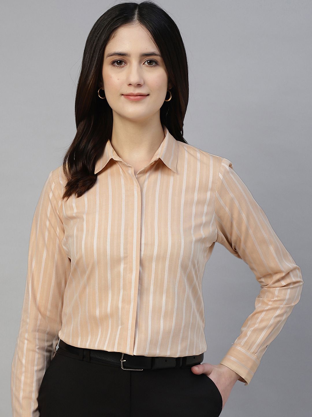 

Hancock Women Classic Fit Spread Collar Vertical Striped Cotton Formal Shirt, Beige